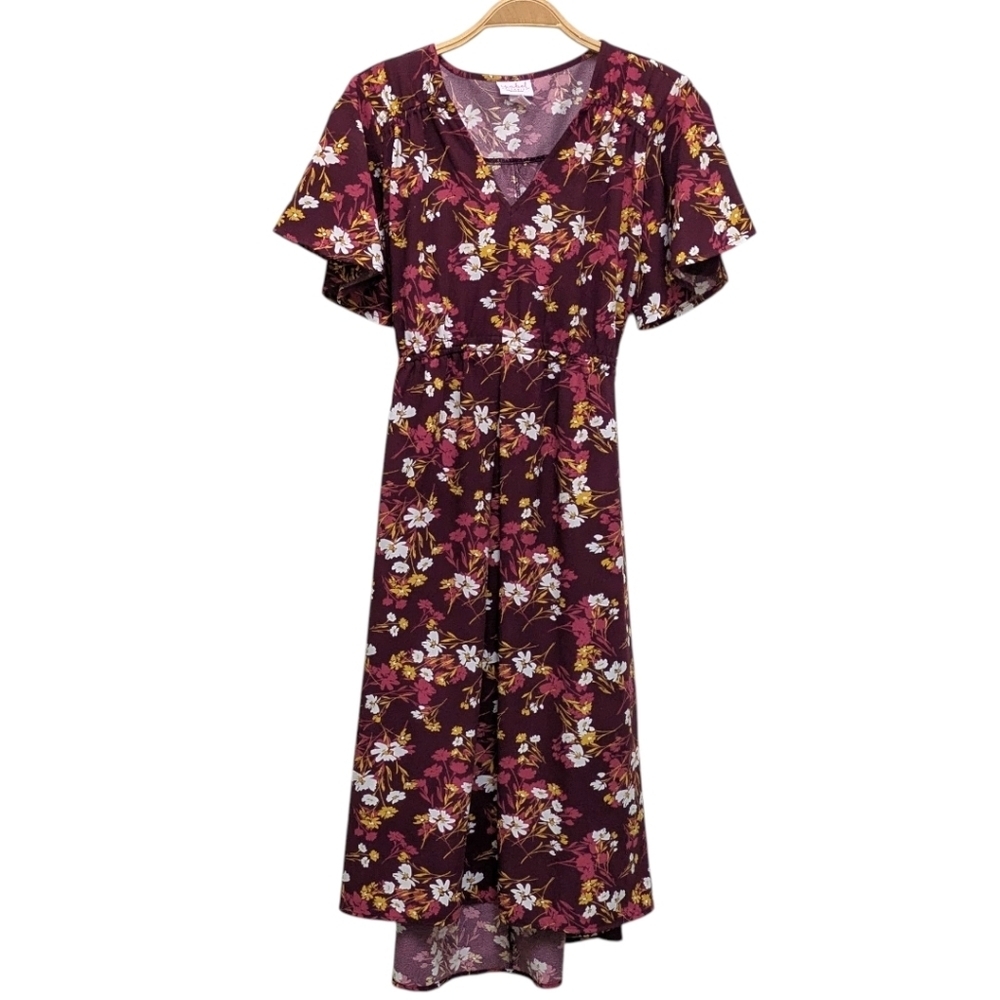 Isabel Maternity Burgundy Floral Tie Waist Flutter Short Sleeve Dress Medium - Picture 1 of 6